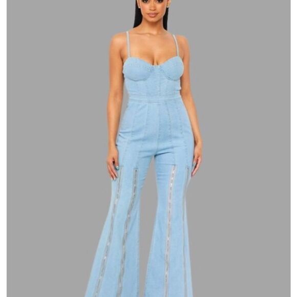 JW Signature zipper flare leg denim festival jumpsuit - Picture 1 of 11